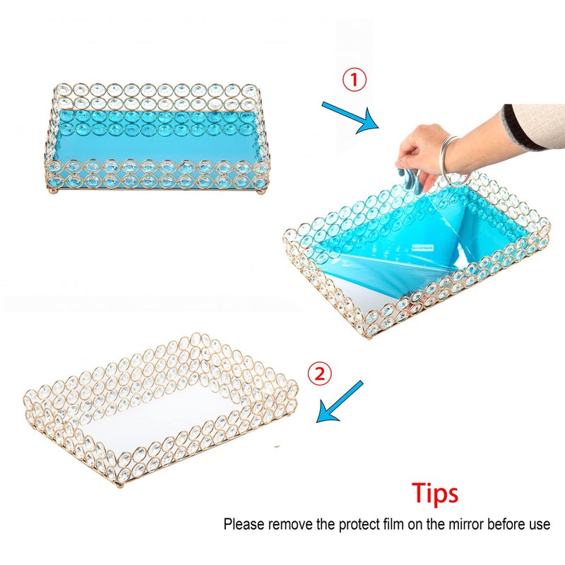 Feyarl Mirrored Crystal Vanity Makeup Tray Ornate Jewelry Trinket Organizer Cosmetic Perfume Bottle Decorative Tray Home Deco Dresser Skin Care Storage (Rectangle 12" x 8") - Image 4